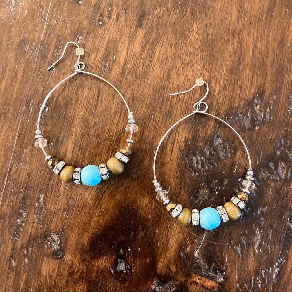 Silver and Turquoise Beaded Hoop Earrings
